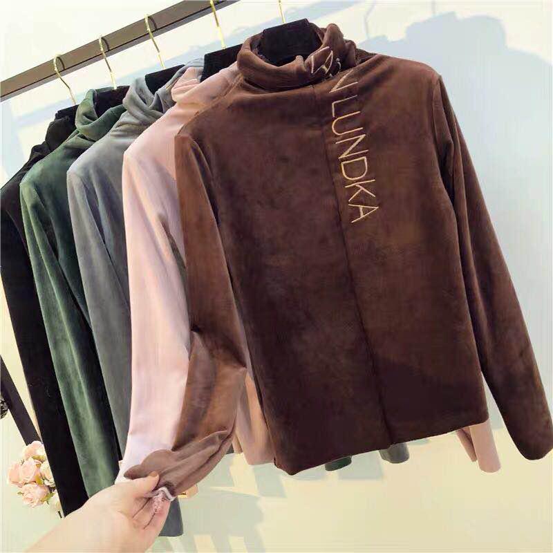 Letter Embroidered Warm Winter Velvet Turtleneck Pullovers Long Sleeve Women's Thicken Sweater Lady