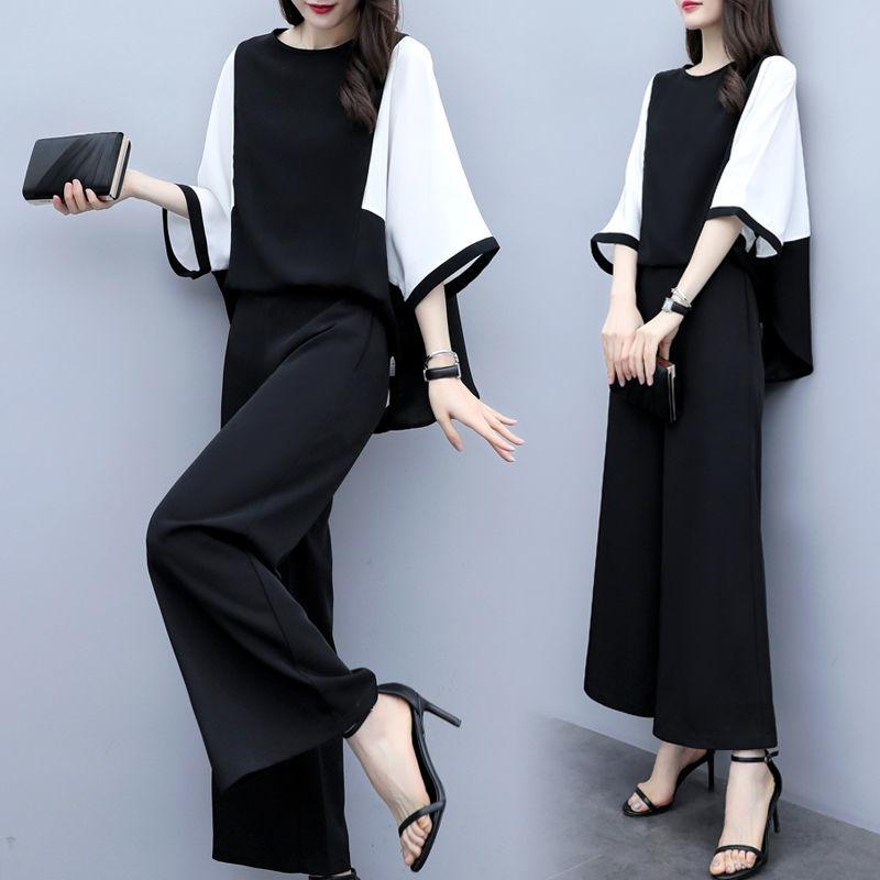 Women's Spring and Summer Two-piece Trousers Stitching Loose Round Neck Blouse Wide-leg Pants Casual Suit Plus Size Women's Clothing