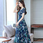 Ice Silk Dress Female Short-sleeved Temperament Was Thin Floral A-line Skirt Round Neck Large Hem Skirt Large-size Skirt Waist Was Thin