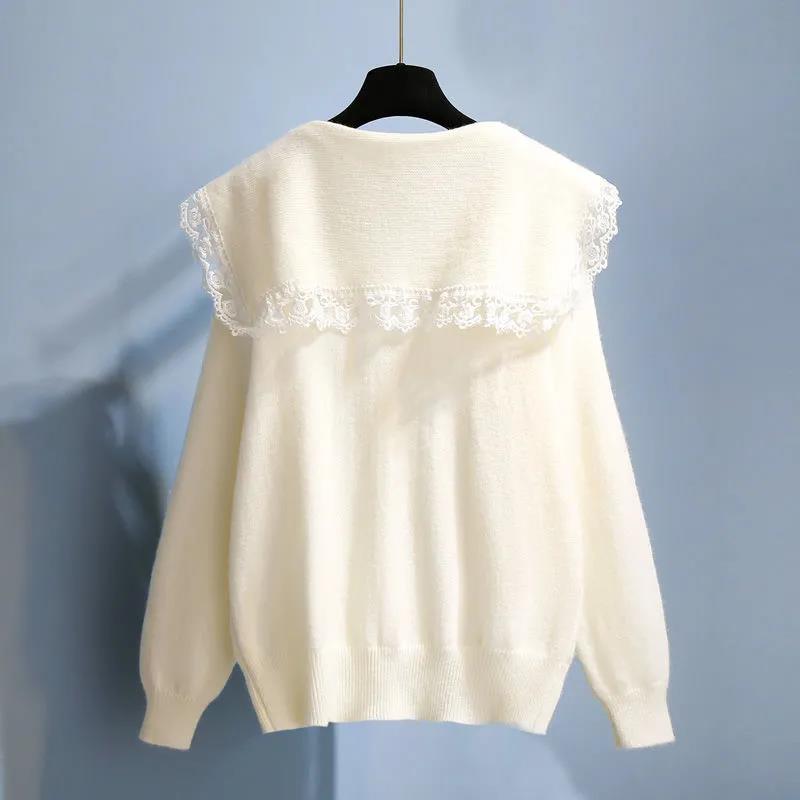 Peter Pan Collar Embroidered Sweater Cardigan Jacket Women's Autumn Korean Lace Large Collar Knit Sweater