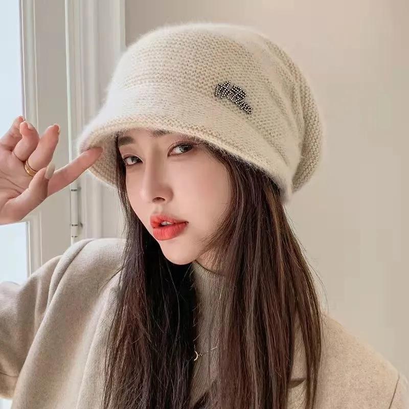 Women's Autumn Winter All-match Korean Version Warm Pile Hat Knitted Woolen Hat Solid Knitting Hat with Brim Rabbit Hair Blend Rhinestone Hat