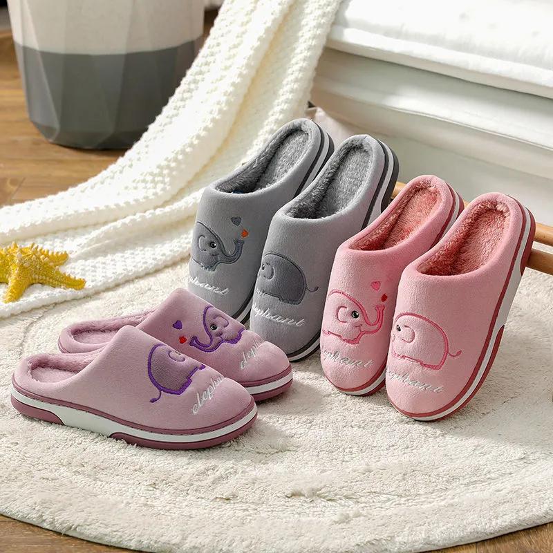 Women Winter Slippers Cute Elephant Embroidery Plus Size Cotton Shoes Men Home Indoor Casual Slippers Blue Pink Slippers Thick Fleece Warm Non Slip
