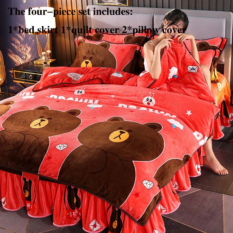 Thickened Four-piece Flannel Warm Gold Mink Fleece Bed Skirt Coral Fleece Suit Winter Double Bed Supplies