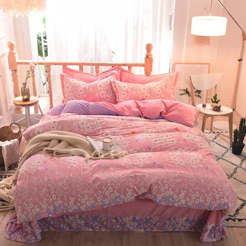 5D Carved Velvet Four-piece Crystal Velvet Warm Quilt Cover Sheets Thick Warm Velvet 4Pcs Set