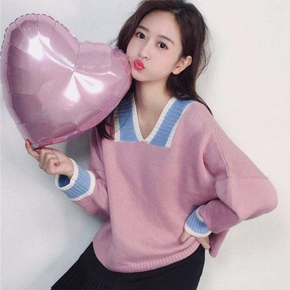 Autumn and Winter V-neck Sweater Female Students Loose and Versatile Color Contrast Pullover Sweater Coat Women
