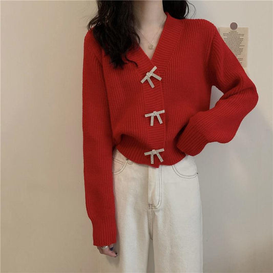 Autumn Korean Loose Bow Knot Twist College Wind Knit Sweater Student Sweater Cardigan Jacket Women