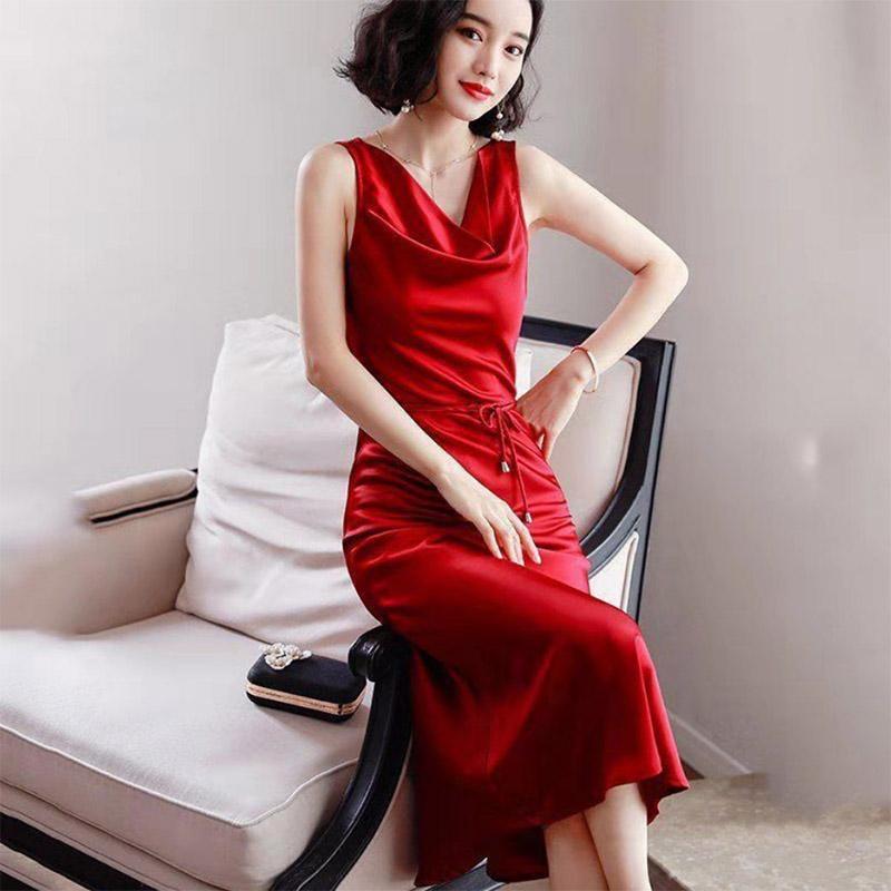 Long Sleeveless Generous Temperament Satin Dress Women's Skirt Slim