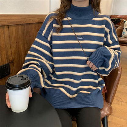 Women Striped Sweaters contrast pullover long sleeve Vintage Plus Size loose Knit Sweaters warm