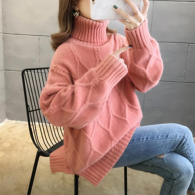 Autumn and Winter Clothes Loose Turtleneck Sweater Women's Twist Knit Split Bottoming Shirt Outer Wear
