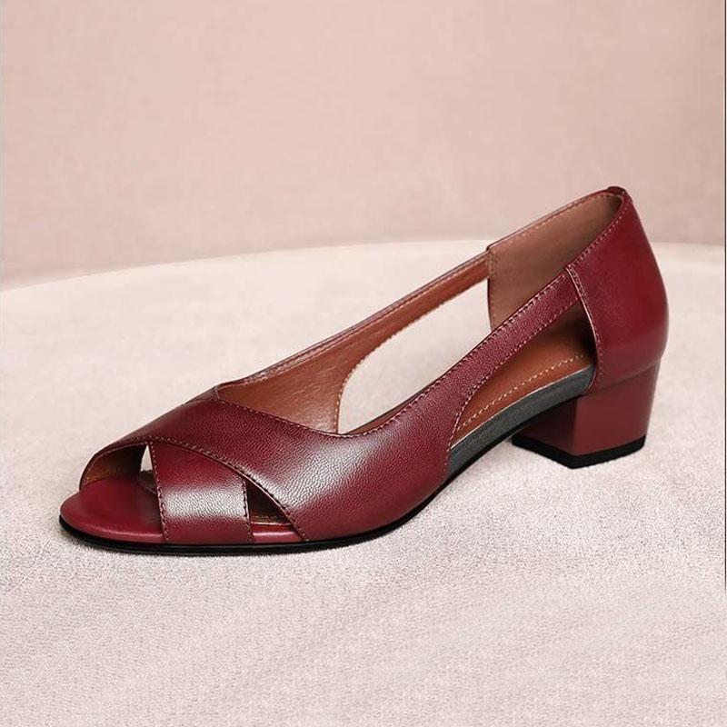 Soft Leather Sandals Women Fish Mouth Thick Heel Sandals Women's Fashion Hollow Roman Medium Heel Leather Shoes