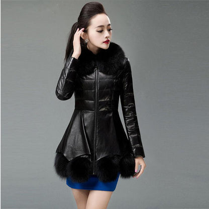 Women's Leather Coat Thickened Warm Fur Coat Winter Slimming Faux Sheepskin Coats with Fox Fur Collar Female Overcoat Outerwear