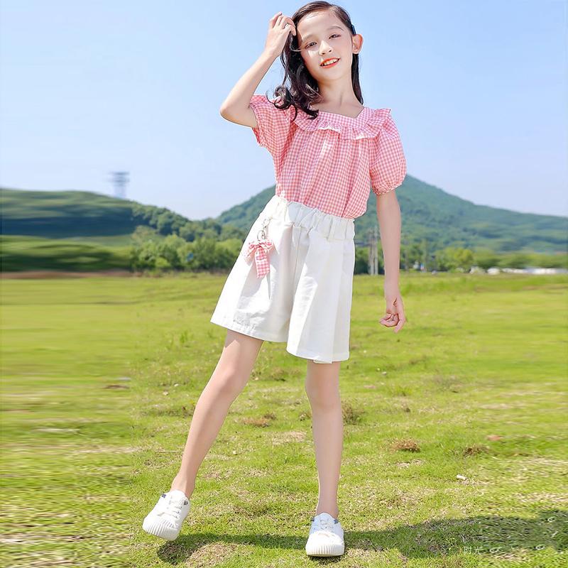 Girls Fashion Clothes Suit Short Sleeve Shirt Short Skirt 2-piece Suit Cartoon Girl Bowknot Cotton Children Clothes Suit