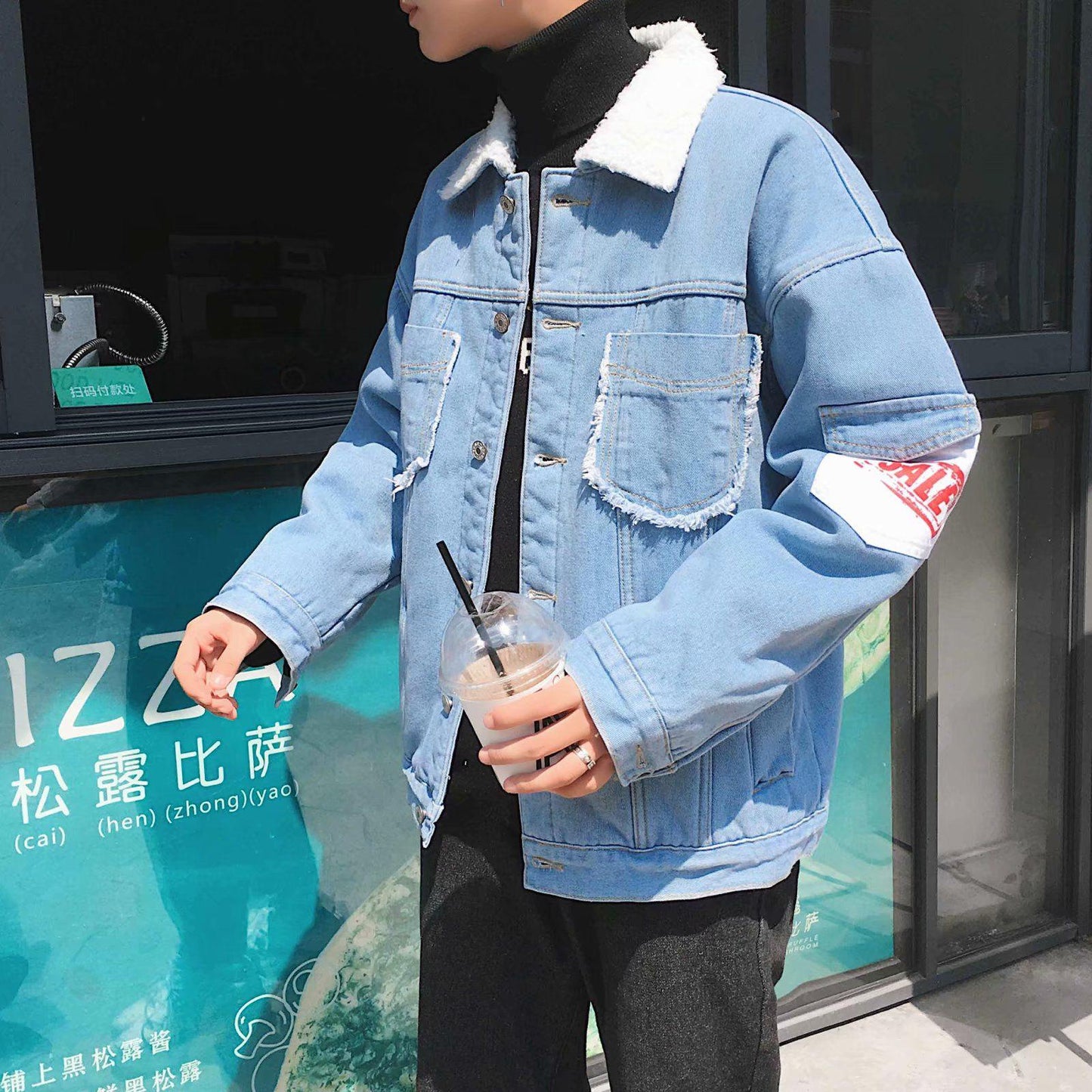 Lamb Plush Loose Denim Jacket Men's Clothing Autumn and Winter Plus Velvet Thick Denim Jacket Men's Trend