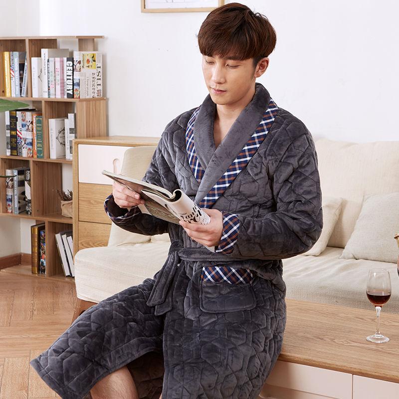 Winter Night Gown Thickened and Long Coral Fleece Quilted Flannel Winter Plus Velvet Bathrobe Pajamas Men