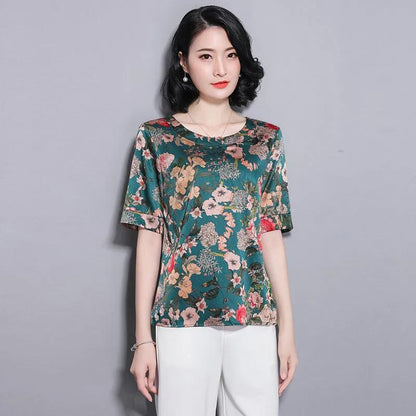 Women's Round Neck Top Summer Print Versatile Ice Silk Loose Short Sleeves