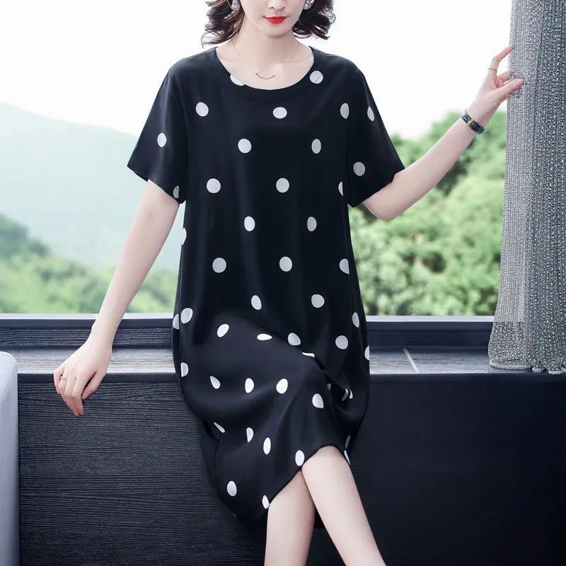 Polka Dot Dress Large Size Women's Short  Sleeve Round Neck Calf Length Daily Homewear
