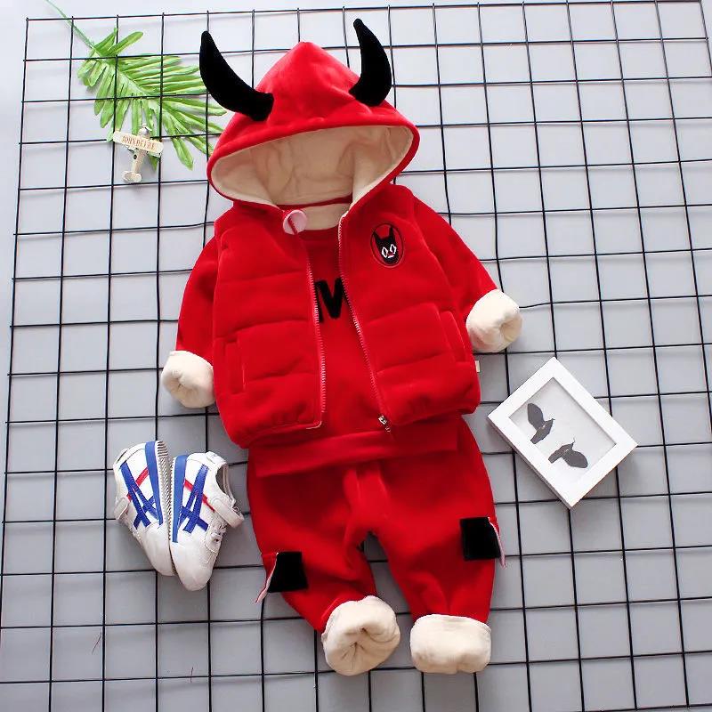 Boy's Autumn and Winter Plus Velvet Padded Cotton Three-piece Suit Baby Little Baby Warm Solid Color Fashion Cute Hooded Sweater Cotton Suit