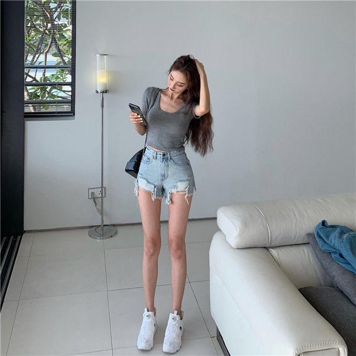 WTEMPO Summer High Waist Hole Denim Shorts Women's Split Irregular Irregular Thin Loose Wide Leg A-pants