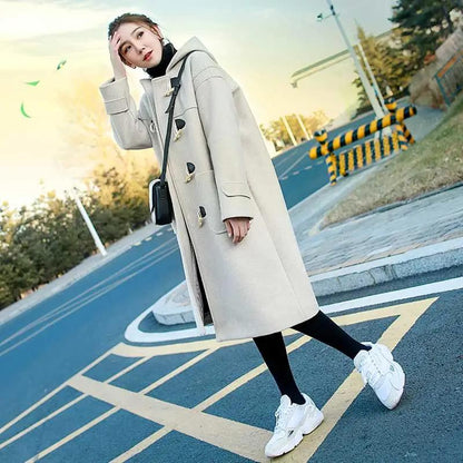 Horn Button Woolen Coat Women's Mid-length Autumn and Winter Quilted Thickened Hooded Woolen Coat