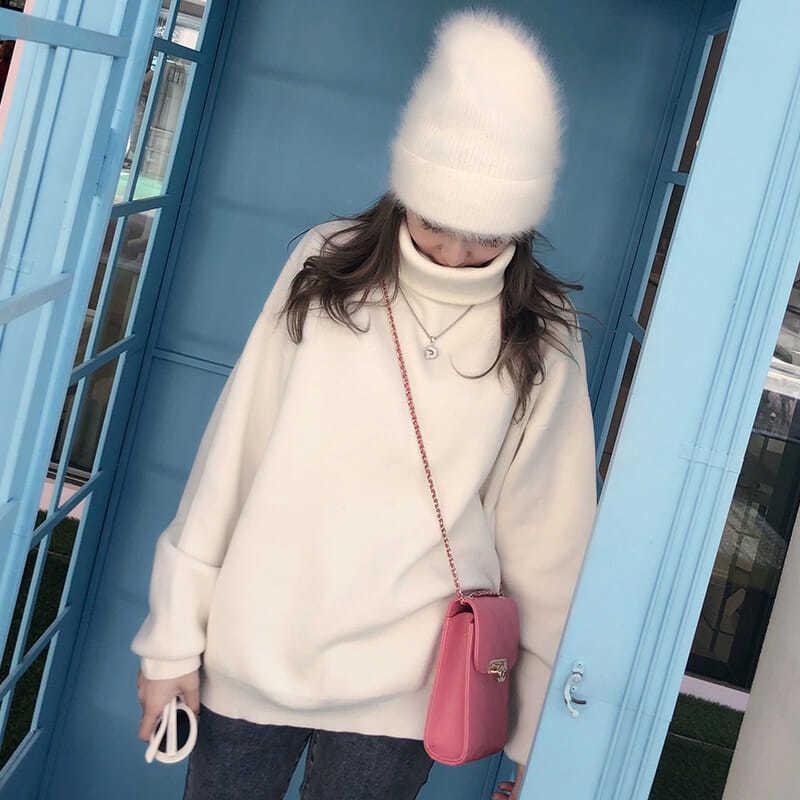 Lady Solid Color Slim Knitwear Turtleneck Bottoming Top Bunny Embroidery Pullover Sweater