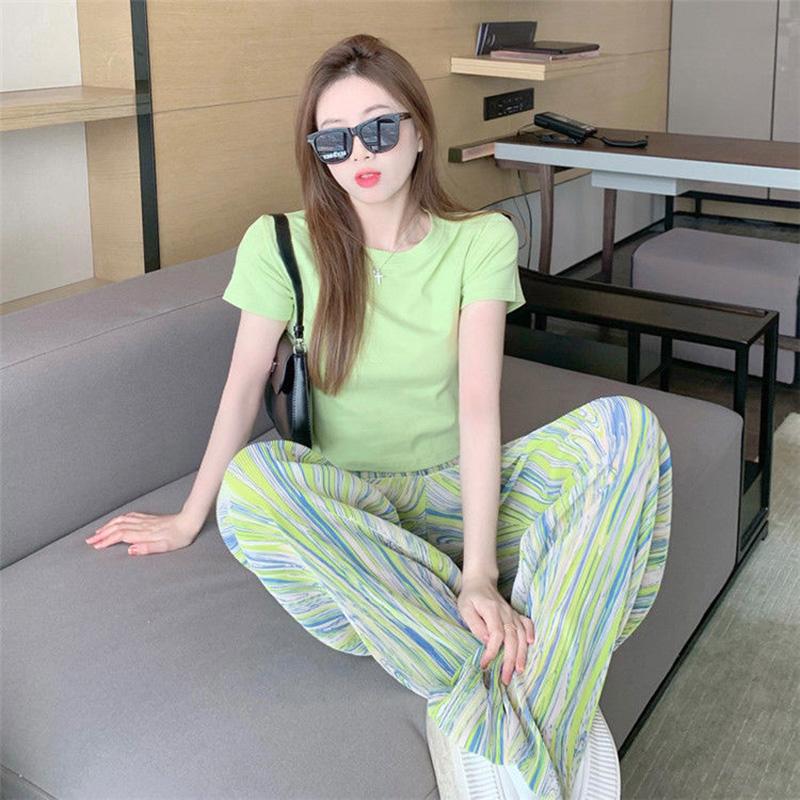 Summer Suit Women's Round Neck Short-sleeved T-shirt Loose Straight Wide-leg Pants Two-piece Casual Sports Suit Home Service