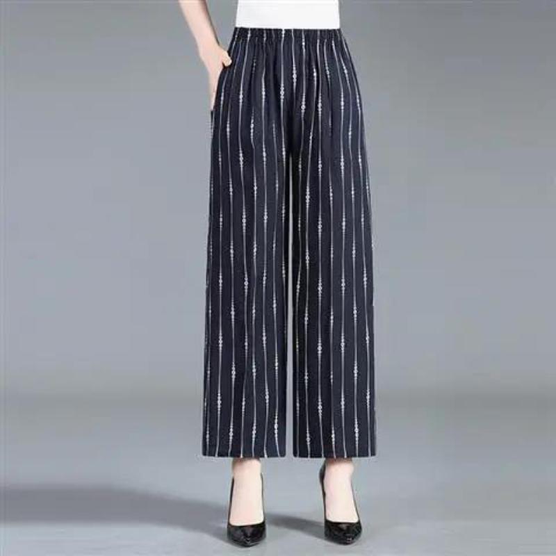 Cotton Silk Pocket Wide-leg Pants, Floral Pants, Nine-point Casual High-waist Rayon Trousers