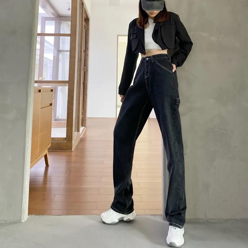 Black Straight-leg Tooling Jeans Women's Spring Design High Waist and Thin Loose Wide-leg Mopping Trousers Ins Tide