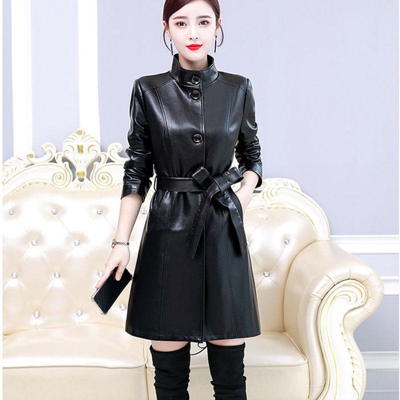 Women's Sheepskin Leather Jacket Long Slim Fit Stand Collar Large Leather Trench Coat Sheepskin Coats with Belt