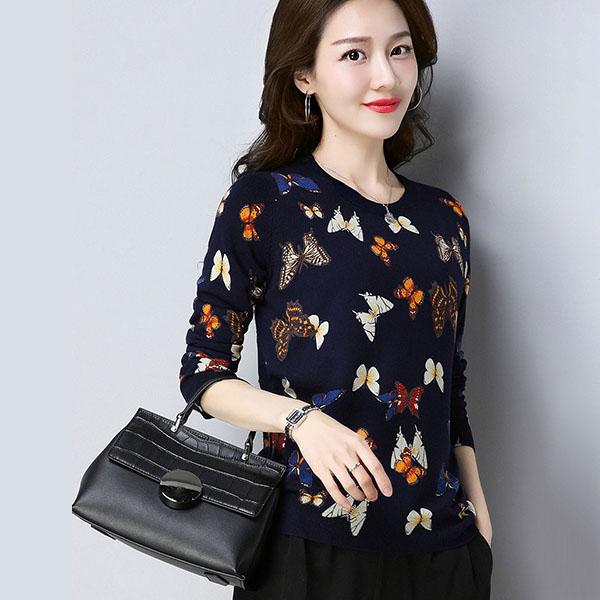 Plus Size Spring, Autumn and Winter Butterfly Print Sweater Cashmere Knit Bottoming Sweater Vintage Slim Warm Woolen Sweater Jumper Outwear