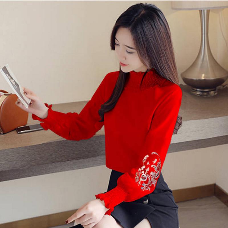 Pofulove Wild High Collar Long Sleeve Shirt Women Plus Velvet Embroidered Shirt Women Loose