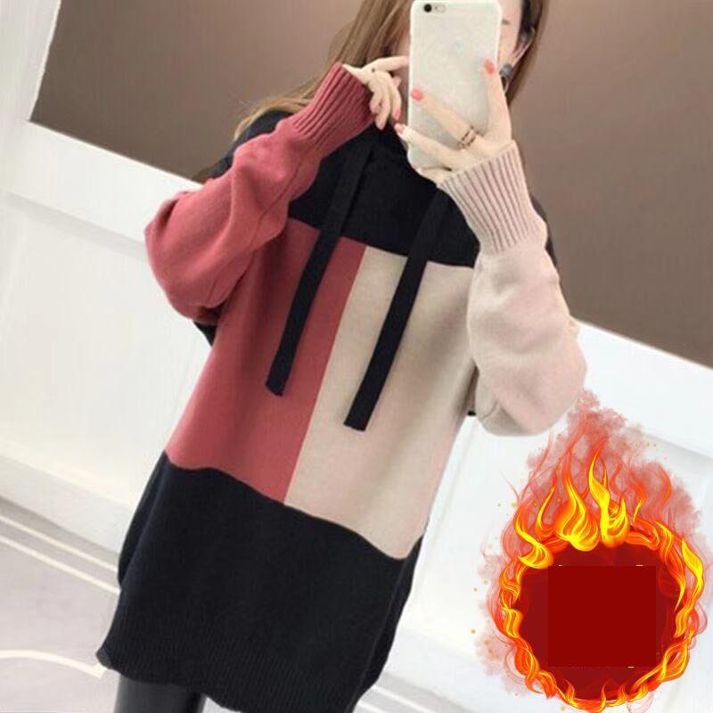Outer Wear and Inner Wear Hooded Sweater Autumn and Winter Plus Velvet Thickening Student Fashion Trend Loose Knit Color Matching Pullover Women