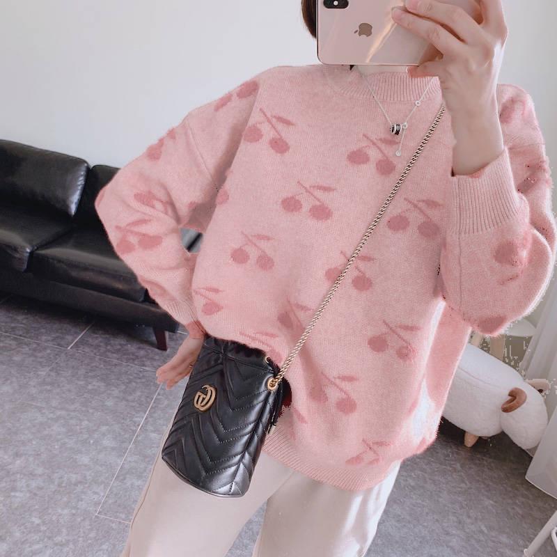 Women Knitwear Crew Neck Loose Simple Color Cherry Heart Print Sweater Pullover Jumper Top