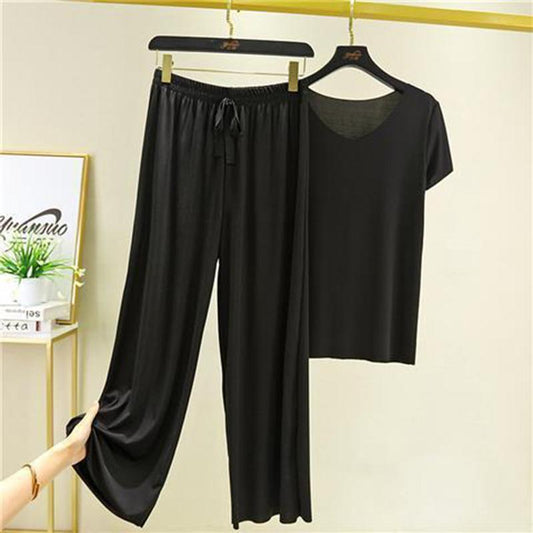 Ice Silk Pajamas Two-piece Short-sleeved Suit Women's Home Wear Casual Loose Wide-leg Pants Pajamas Fabric Light and Soft