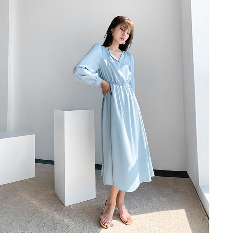 Small Lapel Chiffon Dress Female 2021 Spring and Autumn Waist Loose and Thin Solid Color Small Fresh Mid-length Dress