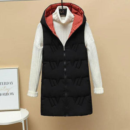 Women's Autumn and Winter Solid Color Loose Vest Hooded Long Reversible Vest Jacket Cotton Padded Windproof Warm Vest
