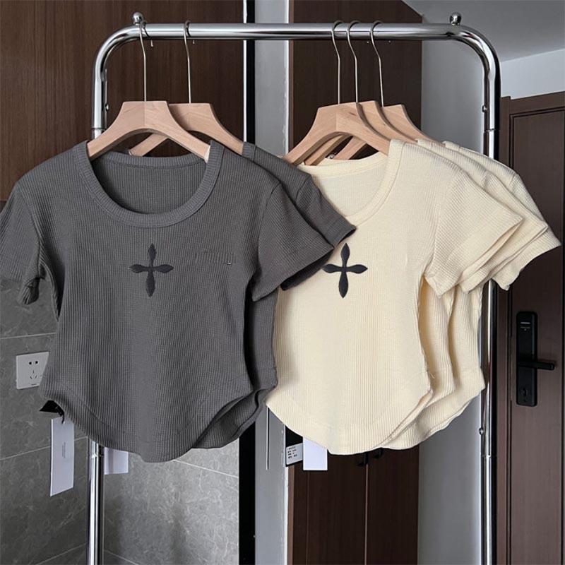 Waffle T-shirt Women's Short Sleeve Off Shoulder Top Irregular Curved Hem U Neck Retro Top