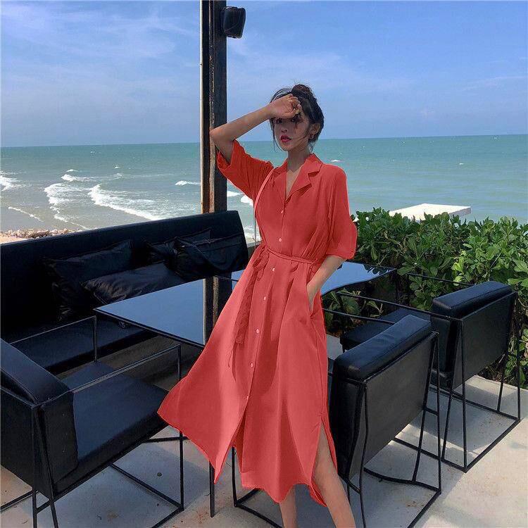 Casual Sashes A Line Women Dress Ladies Lapel Party Dress Summer Elegant Long Dress Shirt Dress