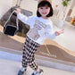Girls Spring and Autumn Suits Long-sleeved Headband Contrast Printing Casual Suit Baby Plaid Sports Loose and Comfortable Two-piece Suit
