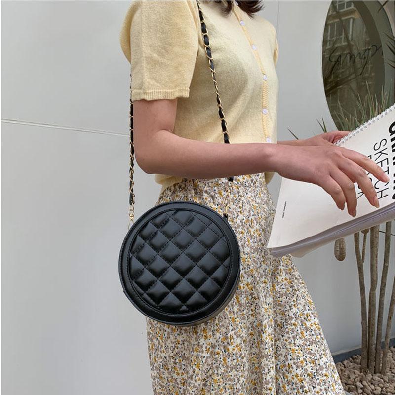 Diamond Lattice Round Bag Metal Chain Pu Leather Messenger Bag Women Outing Trip Large Capacity Crossbody Bags