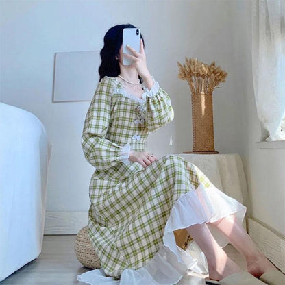 Mint Green Plaid Skirt Skirt Waist Slim French Retro Gentle Fairy Temperament Age-reducing Dress