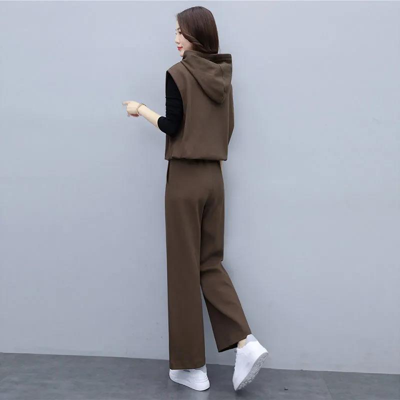 Suit Women's Temperament Is Thin Wide-leg Pants Casual Women's Three-piece Loose Wide-leg Pants + Hooded Sleeveless Waistcoat + Lining