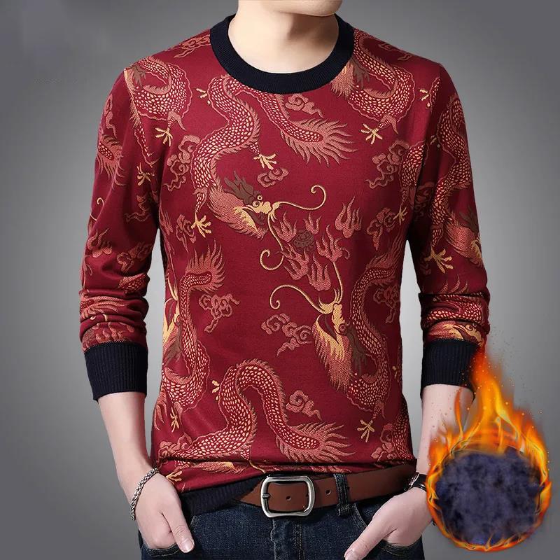 WTEMPO Thermal Pullover Cashmere Padded Shirt Dragon Print Shirt Winter Soft and Comfortable Pullover for Men