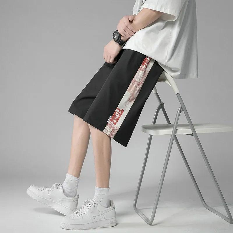 Men's Summer Printing Cooling Ice Silk Stitching Shorts Loose Outer Wear Wide-leg Five-point Pants Casual All-match Shorts