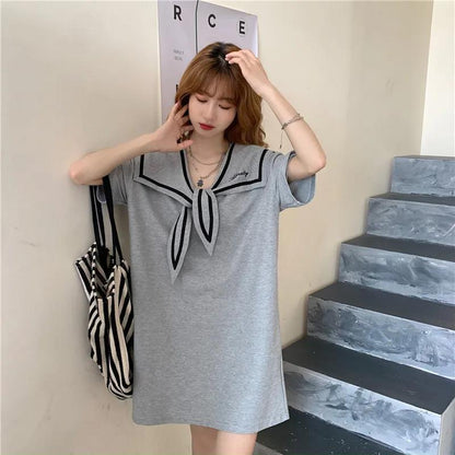 Retro Cute Style Solid Color Sailor Collar Navy Dress Sweet Bow-knot Student Girls Above Knee Dress