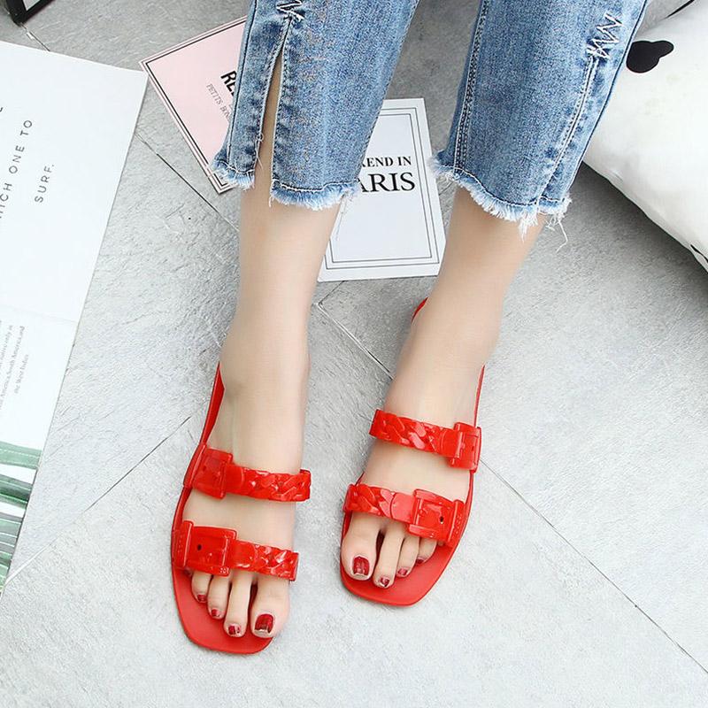 Slippers Ladies Summer Fashion Outer Wear Plastic Sandals and Slippers Flat Chain Slippers Square Toe Net Red Shoes