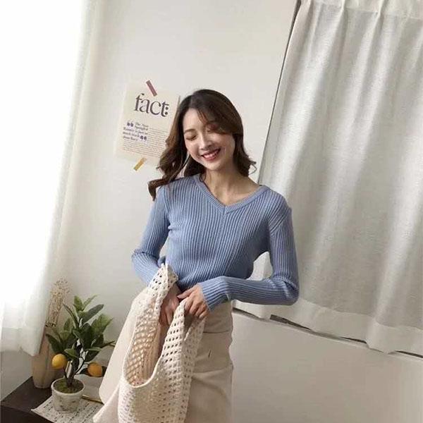 Knit Sweater Women's Long-sleeved V-neck Bottoming Shirt Thread Blouse Spring and Autumn Loose Sweater