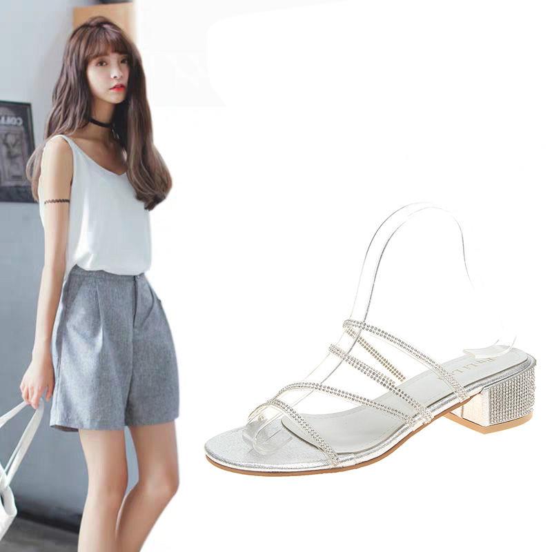 Fashion wild net red rhinestone shoes drag crystal fairy ins thick heel sandals female summer wear