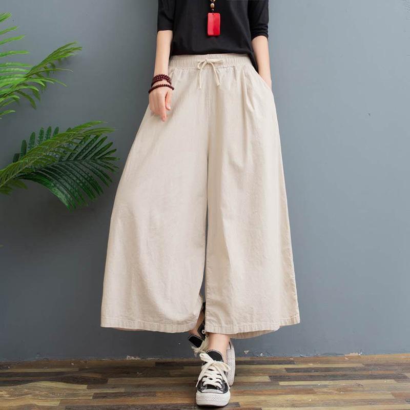 WTEMPO Women's Cotton Wide-leg Pants Cropped Trousers Loose Plus Size High-waisted Summer Straight Trousers Casual