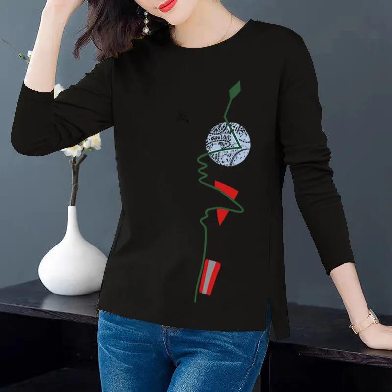 Spring Women T-shirts Simple Face Print Pullovers Long Sleeves Bottoming Shirts Casual Slit Top