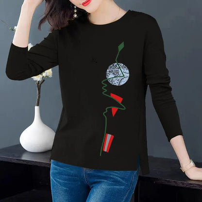 Spring Women T-shirts Simple Face Print Pullovers Long Sleeves Bottoming Shirts Casual Slit Top